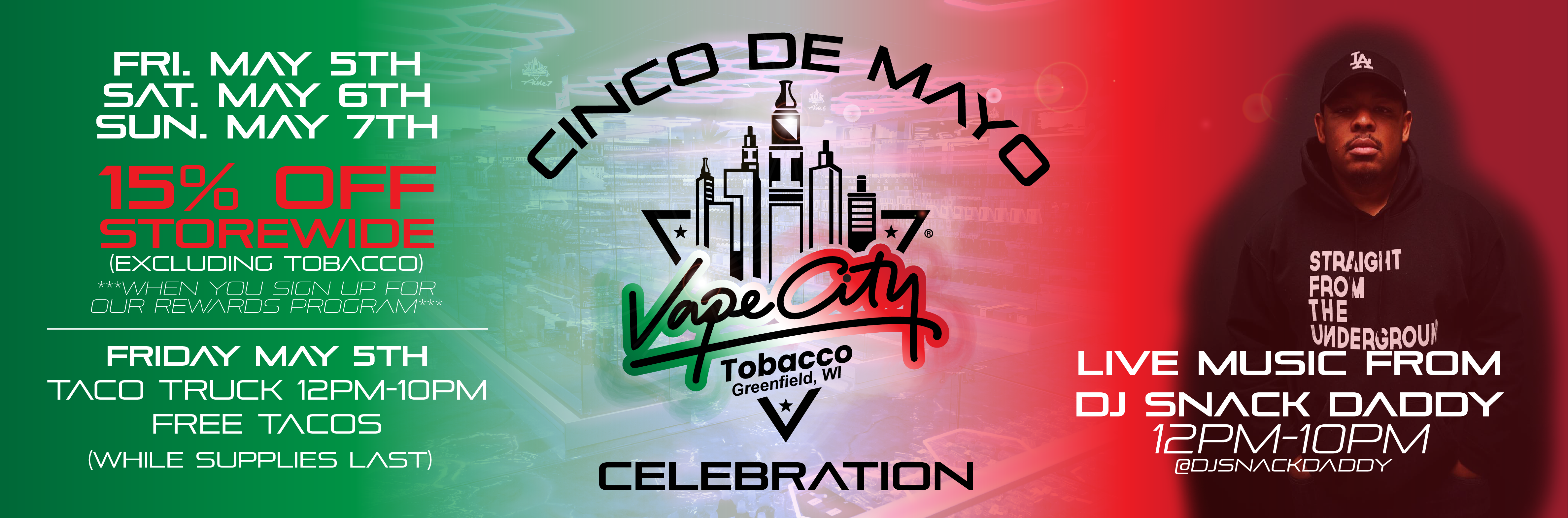 cinco de mayo celebration, vape city tobacco, vct in greenfield